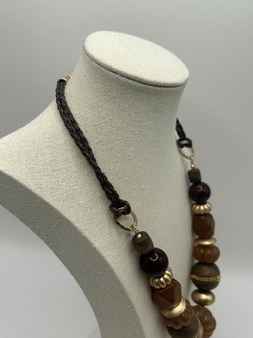 Vintage Boho Statement Necklace Wood Bead Gold Tone Brown Chunky Bib Braid Earth - Picture 8 of 13
